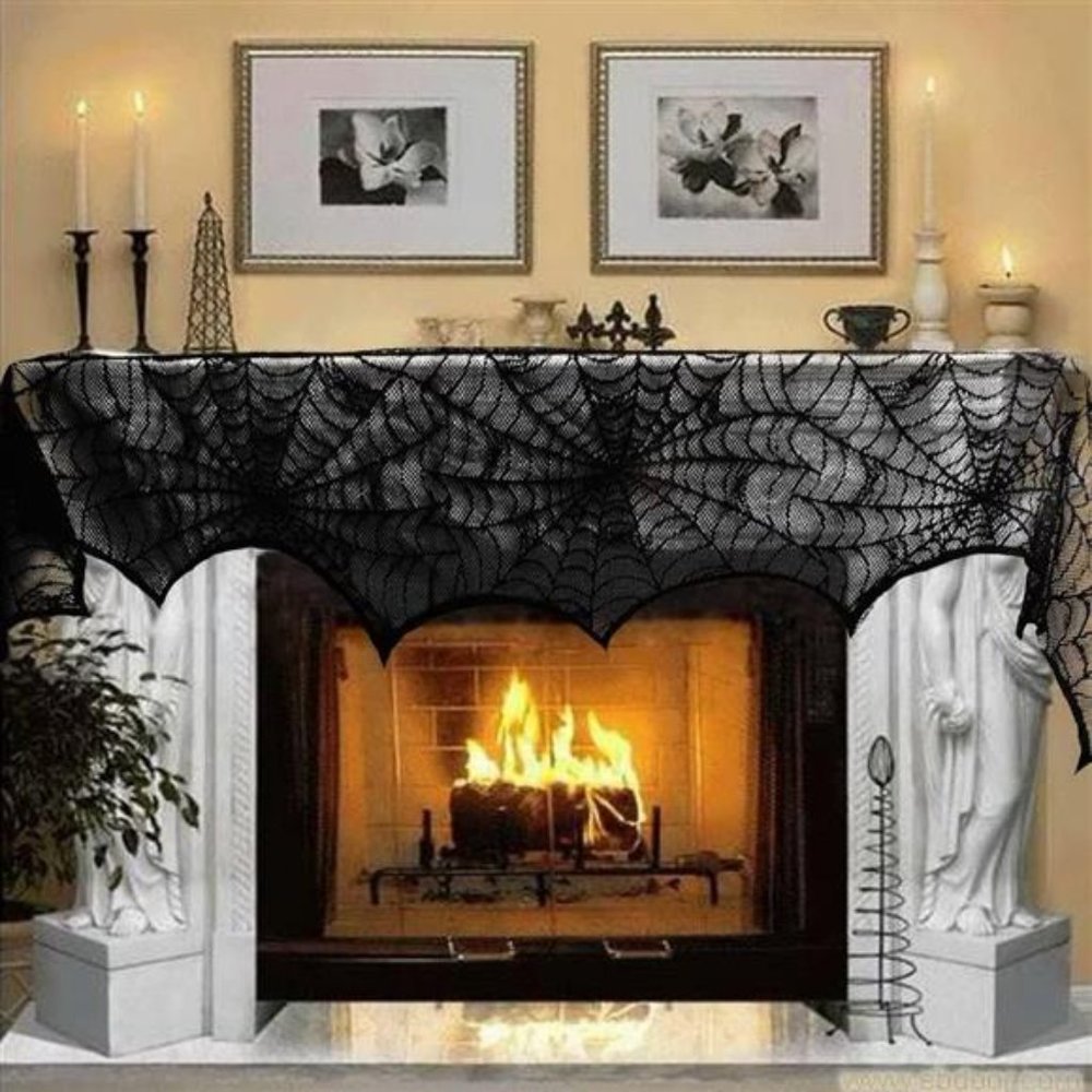 Halloween Decoration Black Lace Spiderweb Mantle Scarf Cover 45X243cm 18x96 inch